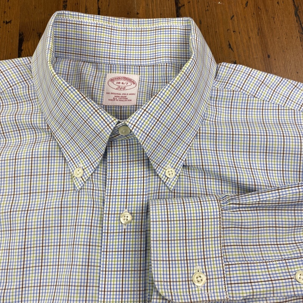 Brooks Brother's 346 Button Down, 100% Cotton, No Iron 18-6/7 Plaid Blue Green